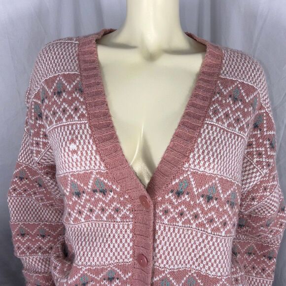 Vintage Gina Peters Knit Cardigan Sweater Pink Fair Isle Geometric Knit Made in - Picture 3 of 16